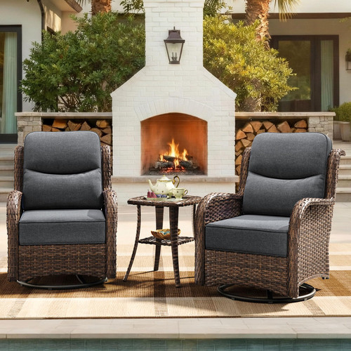 Luxury Patio Furniture Set with 6-inch Thick Cushion, Outdoor High Back Swivel Rocker Patio Chairs, 3PCS Wicker Conversation Set for Deck Yard and Poolside, Dark Grey (V2)