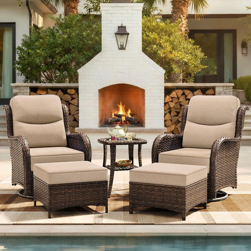 Luxury Patio Furniture Set with 6-inch Thick Cushion, Outdoor High Back Swivel Rocker Patio Chairs, 5PCS Wicker Conversation Set for Deck Yard and Poolside, Beige (V2)