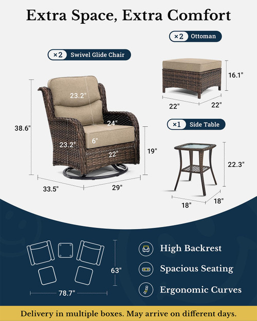 Luxury Patio Furniture Set with 6-inch Thick Cushion, Outdoor High Back Swivel Rocker Patio Chairs, 5PCS Wicker Conversation Set for Deck Yard and Poolside, Beige (V2)