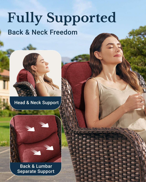 Luxury Patio Furniture Set with 6-inch Thick Cushion, Outdoor High Back Swivel Rocker Patio Chairs, 5PCS Wicker Conversation Set for Deck Yard and Poolside, Burgundy (V2)