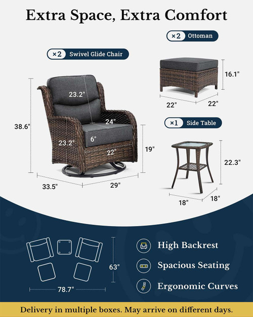 Luxury Patio Furniture Set with 6-inch Thick Cushion, Outdoor High Back Swivel Rocker Patio Chairs, 5PCS Wicker Conversation Set for Deck Yard and Poolside, Dark Grey (V2)