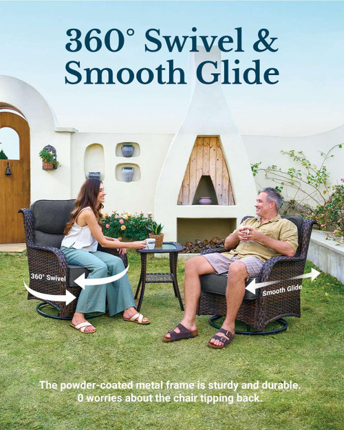 Luxury Patio Furniture Set with 6-inch Thick Cushion, Outdoor High Back Swivel Rocker Patio Chairs, 5PCS Wicker Conversation Set for Deck Yard and Poolside, Dark Grey (V2)