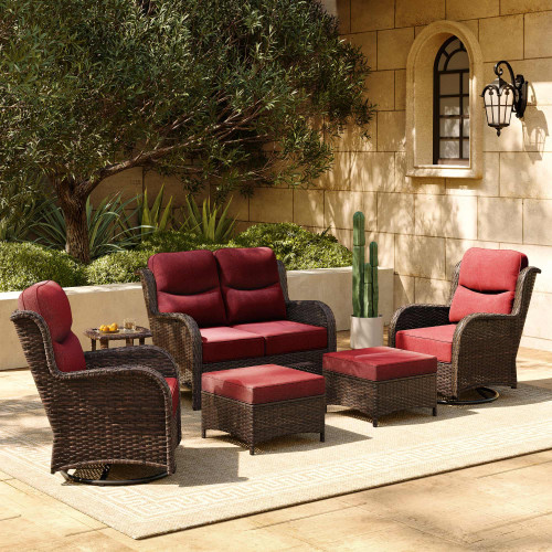 Luxury Patio Furniture Set with 6-inch Thick Cushion, Outdoor Loveseat and High Back Swivel Rocker Patio Chairs, 6PCS Wicker Conversation Set for Deck Yard and Poolside, Burgundy (V2)