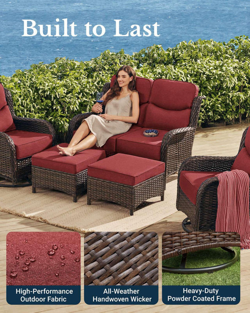 Luxury Patio Furniture Set with 6-inch Thick Cushion, Outdoor Loveseat and High Back Swivel Rocker Patio Chairs, 6PCS Wicker Conversation Set for Deck Yard and Poolside, Burgundy (V2)