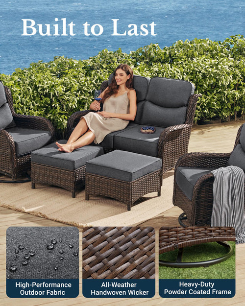 Luxury Patio Furniture Set with 6-inch Thick Cushion, Outdoor Loveseat and High Back Swivel Rocker Patio Chairs, 6PCS Wicker Conversation Set for Deck Yard and Poolside, Dark Grey (V2)