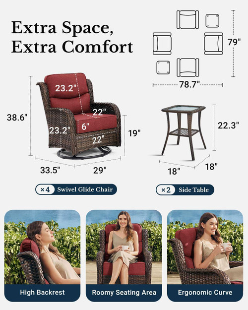 Luxury Patio Furniture Set with 6-inch Thick Cushion, Outdoor High Back Swivel Rocker Patio Chairs, 6PCS Wicker Conversation Set for Deck Yard and Poolside, Burgundy (V2)