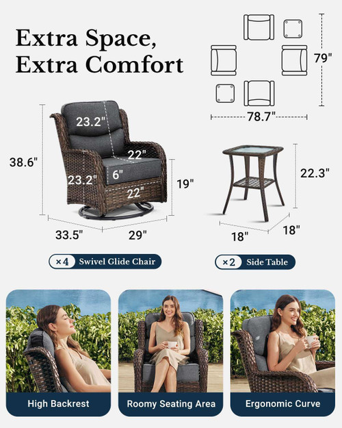 Luxury Patio Furniture Set with 6-inch Thick Cushion, Outdoor High Back Swivel Rocker Patio Chairs, 6PCS Wicker Conversation Set for Deck Yard and Poolside, Dark Grey (V2)