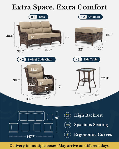 Luxury Patio Furniture Set with 6-inch Thick Cushion, Outdoor Couch and High Back Swivel Rocker Patio Chairs, 6PCS Wicker Conversation Set for Deck Yard and Poolside, Beige (V2)