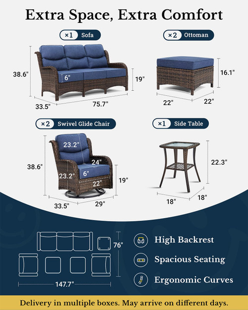 Luxury Patio Furniture Set with 6-inch Thick Cushion, Outdoor Couch and High Back Swivel Rocker Patio Chairs, 6PCS Wicker Conversation Set for Deck Yard and Poolside, Blue (V2)