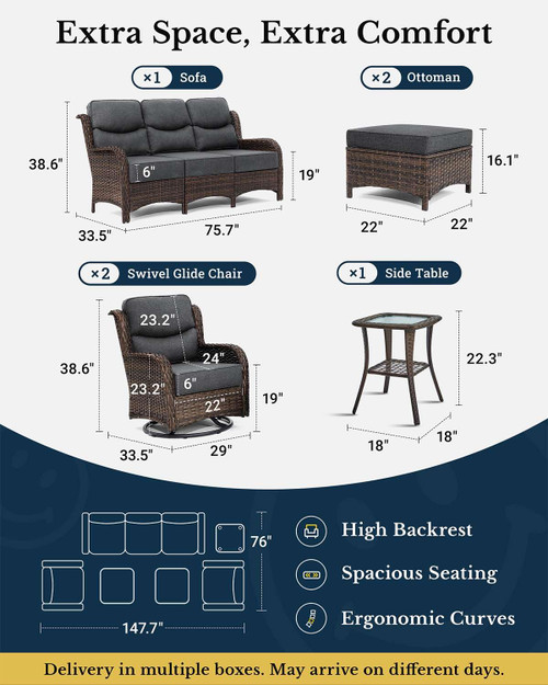 Luxury Patio Furniture Set with 6-inch Thick Cushion, Outdoor Couch and High Back Swivel Rocker Patio Chairs, 6PCS Wicker Conversation Set for Deck Yard and Poolside, Dark Grey (V2)