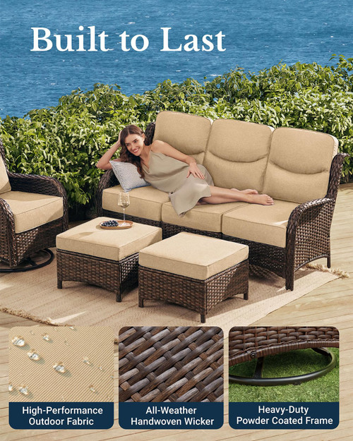 Luxury Patio Furniture Set with 6-inch Thick Cushion, Outdoor Couch and High Back Swivel Rocker Patio Chairs, 7PCS Wicker Conversation Set for Deck Yard and Poolside, Beige (V2)