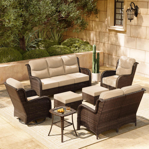 Luxury Patio Furniture Set with 6-inch Thick Cushion, Outdoor Couch, Loveseat and High Back Swivel Rocker Patio Chairs, 7PCS Wicker Conversation Set for Deck Yard and Poolside, Beige (V2)