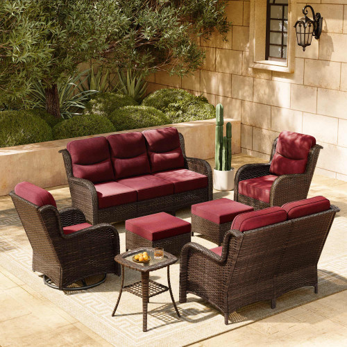 Luxury Patio Furniture Set with 6-inch Thick Cushion, Outdoor Couch, Loveseat and High Back Swivel Rocker Patio Chairs, 7PCS Wicker Conversation Set for Deck Yard and Poolside, Burgundy (V2)