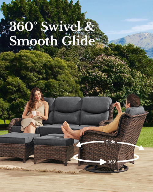 Luxury Patio Furniture Set with 6-inch Thick Cushion, Outdoor Couch, Loveseat and High Back Swivel Rocker Patio Chairs, 7PCS Wicker Conversation Set for Deck Yard and Poolside, Dark Grey (V2)