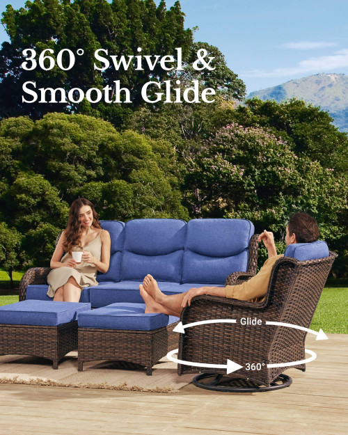 Luxury Patio Furniture Set with 6-inch Thick Cushion, Outdoor Sectional Sofa and High Back Swivel Rocker Patio Chairs, 7PCS Wicker Conversation Set for Deck Yard and Poolside, Blue (V2)