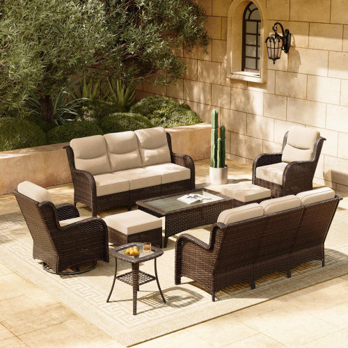 Luxury Patio Furniture Set with 6-inch Thick Cushion, Outdoor Couch and High Back Swivel Rocker Patio Chairs, 8PCS Wicker Conversation Set for Deck Yard and Poolside, Beige (V2)