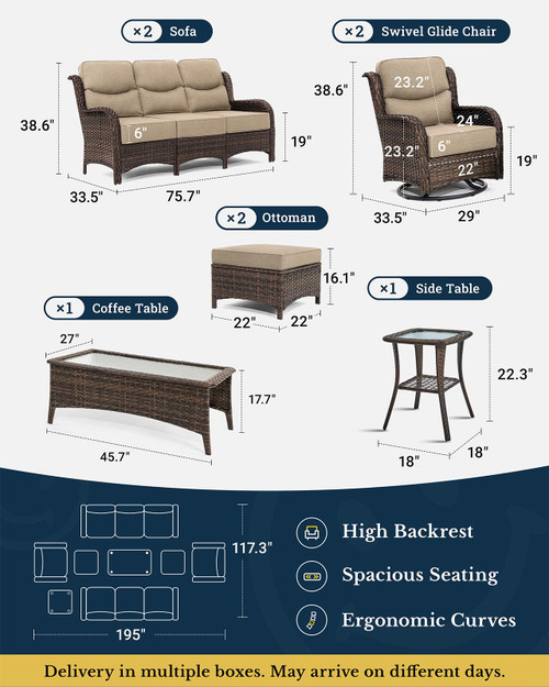 Luxury Patio Furniture Set with 6-inch Thick Cushion, Outdoor Couch and High Back Swivel Rocker Patio Chairs, 8PCS Wicker Conversation Set for Deck Yard and Poolside, Beige (V2)