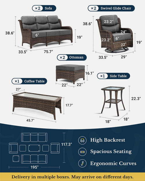 Luxury Patio Furniture Set with 6-inch Thick Cushion, Outdoor Couch and High Back Swivel Rocker Patio Chairs, 8PCS Wicker Conversation Set for Deck Yard and Poolside, Dark Grey (V2)