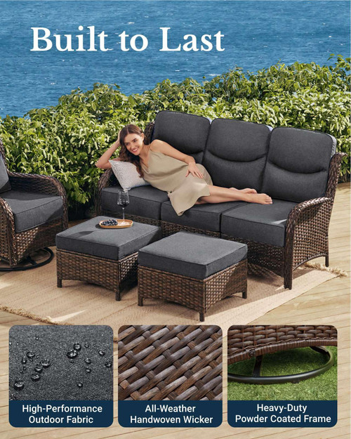 Luxury Patio Furniture Set with 6-inch Thick Cushion, Outdoor Couch and High Back Swivel Rocker Patio Chairs, 8PCS Wicker Conversation Set for Deck Yard and Poolside, Dark Grey (V2)