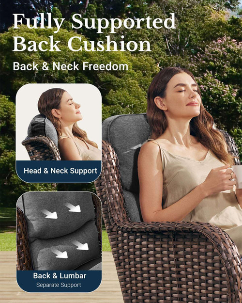 Luxury Patio Furniture Set with 6-inch Thick Cushion, Outdoor Couch and High Back Swivel Rocker Patio Chairs, 8PCS Wicker Conversation Set for Deck Yard and Poolside, Dark Grey (V2)