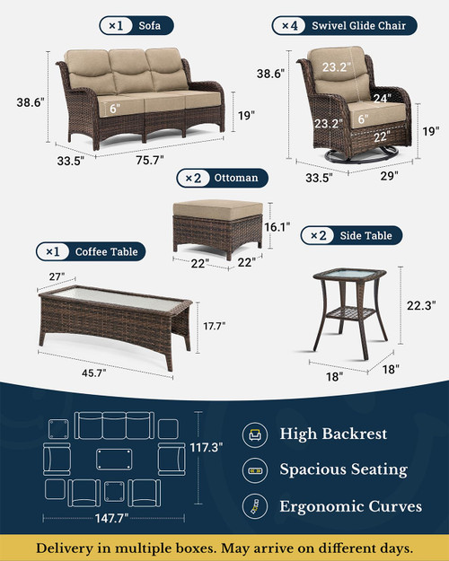 Luxury Patio Furniture Set with 6-inch Thick Cushion, Outdoor Couch and High Back Swivel Rocker Patio Chairs, 10PCS Wicker Conversation Set for Deck Yard and Poolside, Beige (V2)