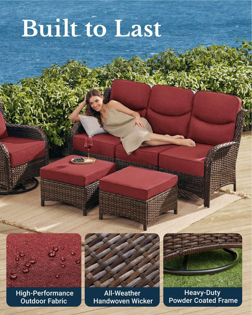 Luxury Patio Furniture Set with 6-inch Thick Cushion, Outdoor Couch and High Back Swivel Rocker Patio Chairs, 10PCS Wicker Conversation Set for Deck Yard and Poolside, Burgundy (V2)