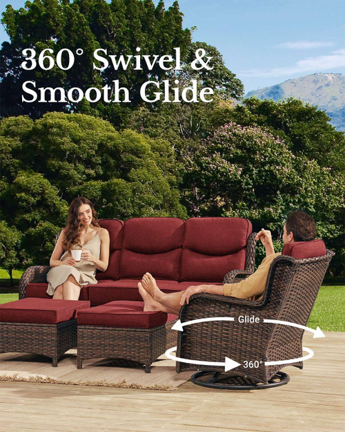 Luxury Patio Furniture Set with 6-inch Thick Cushion, Outdoor Couch and High Back Swivel Rocker Patio Chairs, 10PCS Wicker Conversation Set for Deck Yard and Poolside, Burgundy (V2)