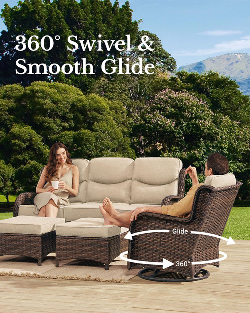Luxury Patio Furniture Set with 6-inch Thick Cushion, Outdoor Couch and High Back Swivel Rocker Patio Chairs, 11PCS Wicker Conversation Set for Deck Yard and Poolside, Beige (V2)