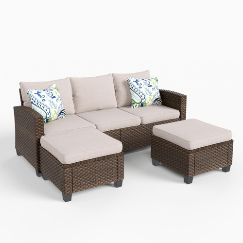 Small Patio Furniture Set, 3 Pieces Wicker Outdoor Sectional Set, L-Shaped Patio Couch Set, Modular Rattan Conversation Set with Lounge Sofa and Ottomans for Deck Lawn Garden, Beige