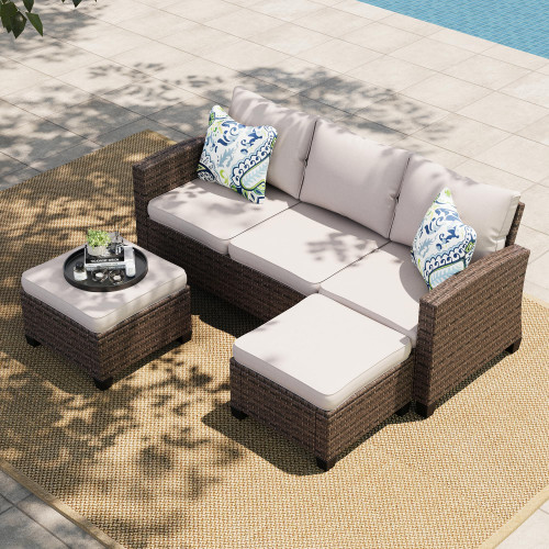 Small Patio Furniture Set, 3 Pieces Wicker Outdoor Sectional Set, L-Shaped Patio Couch Set, Modular Rattan Conversation Set with Lounge Sofa and Ottomans for Deck Lawn Garden, Beige