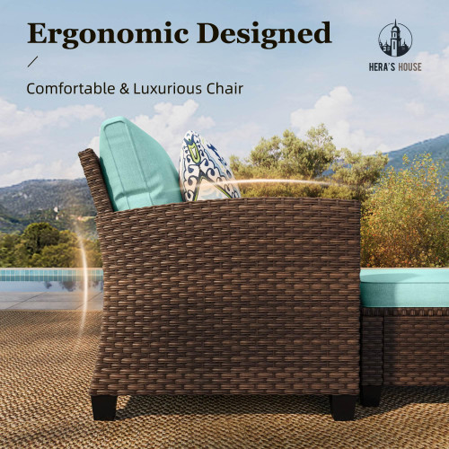 Small Patio Furniture Set, 3 Pieces Wicker Outdoor Sectional Set, L-Shaped Patio Couch Set, Modular Rattan Conversation Set with Lounge Sofa and Ottomans for Deck Lawn Garden, Blue