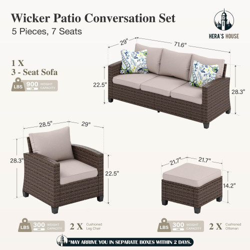 Patio Furniture Set, 5 Pieces Outdoor Wicker Furniture, All Weather Rattan Patio Conversation Set, Deep Seating Outdoor Sofa Sets for Lawn Deck Backyard, Brown/Beige