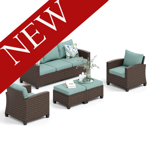 Wicker Patio Furniture Set, 5 Pieces Outdoor Furniture Set, Deep Seating Patio Conversation Sofa Sets for Lawn Deck Backyard, Blue