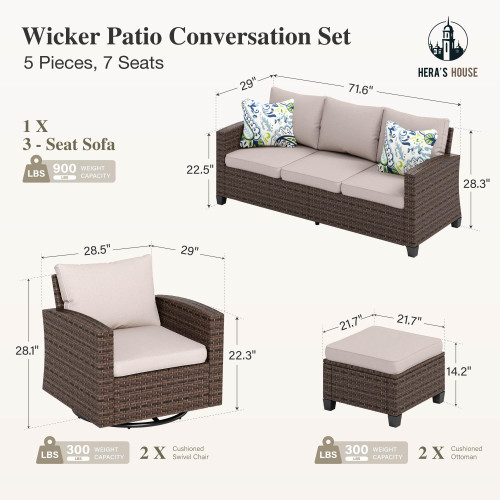 Wicker Patio Furniture Set with Swivel Glide Chairs, 5 Pieces Outdoor Conversation Sofa Sets with Cushions for Deck Lawn Backyard, Beige