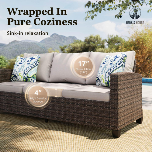 Wicker Patio Furniture Set with Swivel Glide Chairs, 5 Pieces Outdoor Conversation Sofa Sets with Cushions for Deck Lawn Backyard, Beige