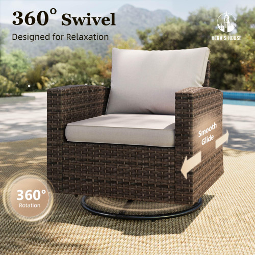 Swivel Glide Patio Furniture Set with 56" Fire Pit Table, 6 Pieces Outdoor Wicker Sectional Conversation Sofa Sets for Lawn Backyard Deck, Beige