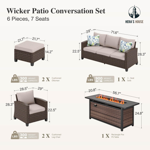 Patio Furniture Set with 56" Fire Pit Table, Outdoor Patio Conversation Sets, 6 Pieces 7 Seats Wicker Outside Sectional Sofa Set for Lawn Backyard Deck