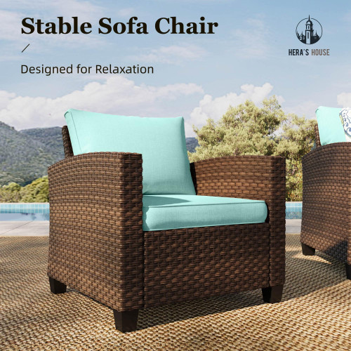 Patio Furniture Set with Fire Pit, 6 Pieces Outdoor Wicker Furniture, All Weather Patio Conversation Sets with Thick Cushions for Lawn Backyard, Brown/Blue