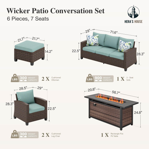 Patio Furniture Set with Fire Pit, 6 Pieces Outdoor Wicker Furniture, All Weather Patio Conversation Sets with Thick Cushions for Lawn Backyard, Brown/Blue
