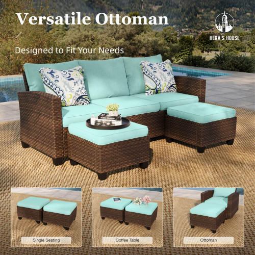 Patio Furniture Set with Fire Pit, 6 Pieces Outdoor Wicker Furniture, All Weather Patio Conversation Sets with Thick Cushions for Lawn Backyard, Brown/Blue