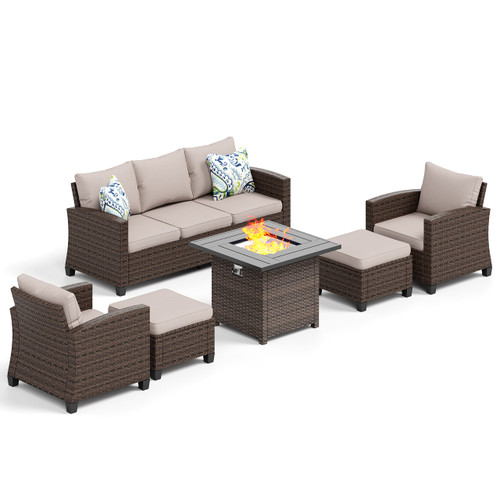 Wicker Patio Furniture Set, Outdoor Furniture with Fire Pit Table, 6 Pieces Patio Conversation Set with Ottomans, Outside Sofa Sets for Poolside Backyard, Beige