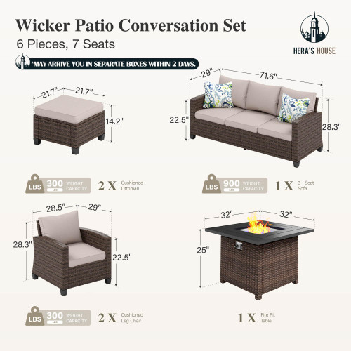 Wicker Patio Furniture Set, Outdoor Furniture with Fire Pit Table, 6 Pieces Patio Conversation Set with Ottomans, Outside Sofa Sets for Poolside Backyard, Beige