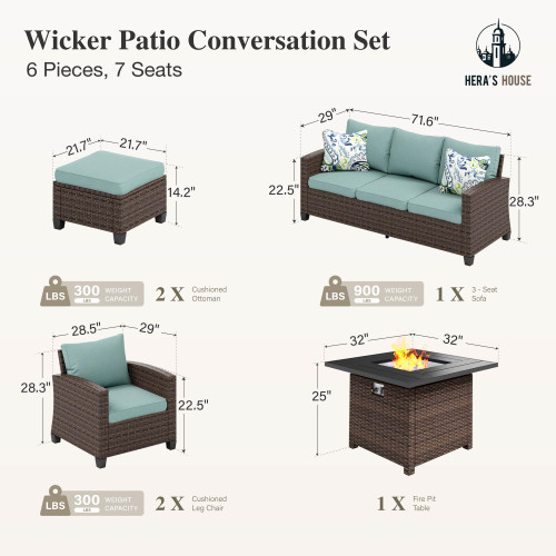 Wicker Patio Furniture Set with Fire Pit Table, 6 Pieces Outdoor Seating Furniture with Thick Cushions, 7 Seats Patio Conversation Sofa Sets, Blue