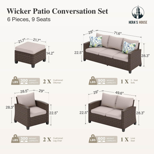 Wicker Patio Furniture Set, Outdoor Sectional Conversation Sets, 6 Pieces 9 Seats Outside Sofa Set for Lawn Backyard
