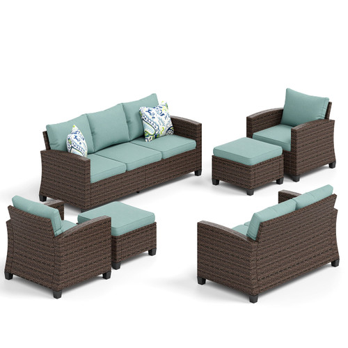 Wicker Patio Furniture Set, Outdoor Sectional Conversation Sets, 6 Pieces 9 Seats Waterproof Deck Backyard Lawn Furniture, Blue