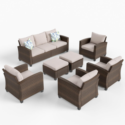 Wicker Patio Furniture Set, 7 Pieces Outdoor Seating Furniture, Patio Conversation Sofa Sets with Ottomans for Backyard Lawn Deck, Beige