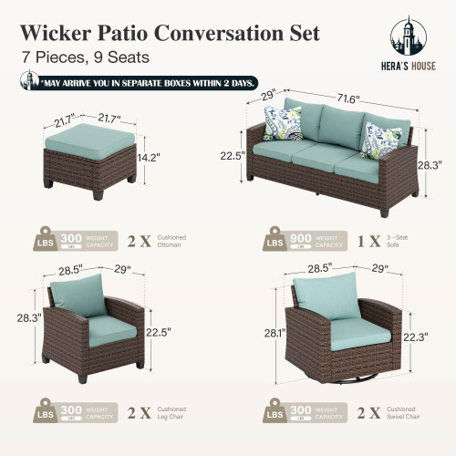 Patio Furniture Set with Swivel Glide Chairs, Outdoor Sectional Sofa Set, 7 Pieces Patio Conversation Sets for Lawn Backyard Deck, Brown/Blue