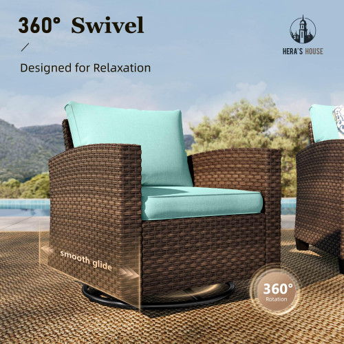 Patio Furniture Set with Swivel Glide Chairs, Outdoor Sectional Sofa Set, 7 Pieces Patio Conversation Sets for Lawn Backyard Deck, Brown/Blue
