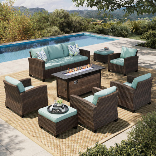 Patio Furniture Set with Fire Pit Table, Outdoor Wicker Furniture, All Weather Deep Seating Conversation Sofa Set, Brown Rattan Chairs for Deck Backyard, Blue