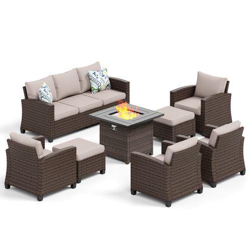 8 Pieces Wicker Patio Furniture Set with Fire Pit Table, 4 x Single Chair, 2 x Ottoman, 3-Seat Sofa and 32" Fire Pit Table, Outdoor Rattan Conversation Set for Garden, Poolside, Backyard